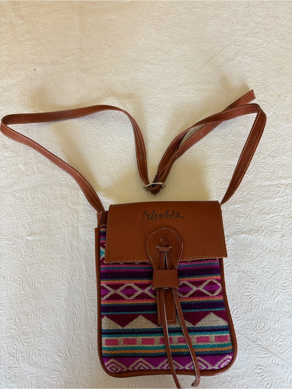 Brown Crossbody Bag with Colorful Pattern - Women